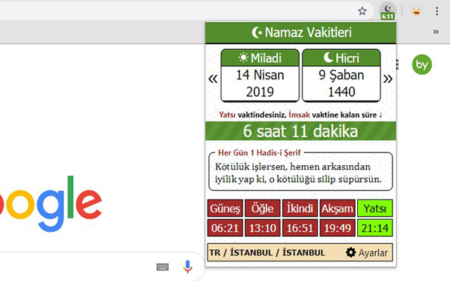 Namaz Vakitleri chrome谷歌浏览器插件_扩展第2张截图