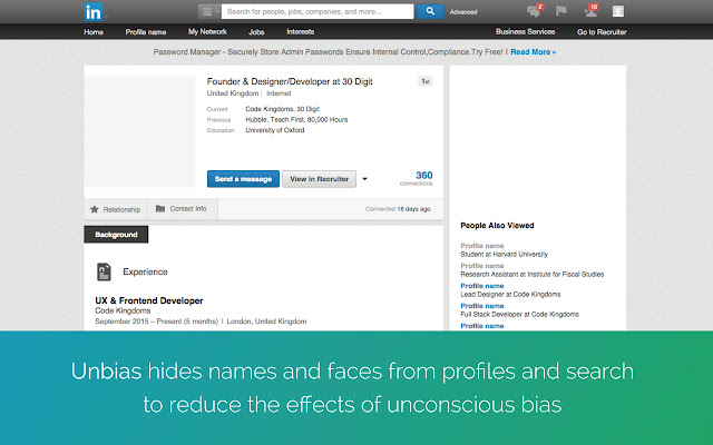 Unbias - LinkedIn anonymiser for recruiters chrome谷歌浏览器插件_扩展第2张截图