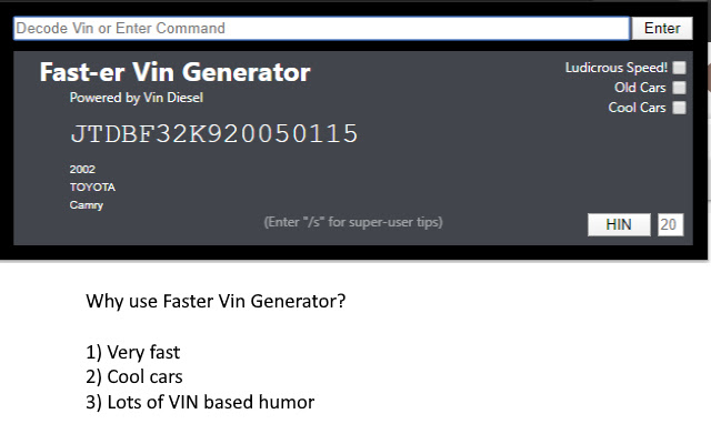 Faster Vin Generator chrome谷歌浏览器插件_扩展第1张截图