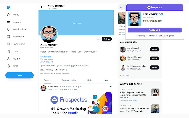 Twitter Email Finder - Prospectss.com chrome谷歌浏览器插件_扩展第3张截图