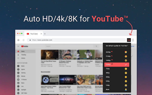 为YouTube™视频自动播放HD/4k/8k模式 - YouTube™ Auto HD chrome谷歌浏览器插件_扩展第1张截图