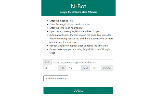 N-bot - Google Meet Online class Attender chrome谷歌浏览器插件_扩展第1张截图