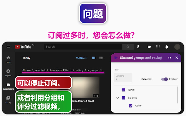 YouTube™专用Channel groups and rating扩展程序 chrome谷歌浏览器插件_扩展第1张截图