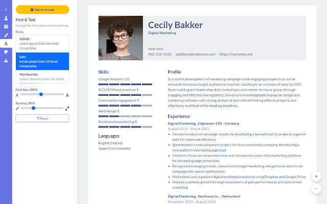 Resmume - free professional resume builder chrome谷歌浏览器插件_扩展第1张截图