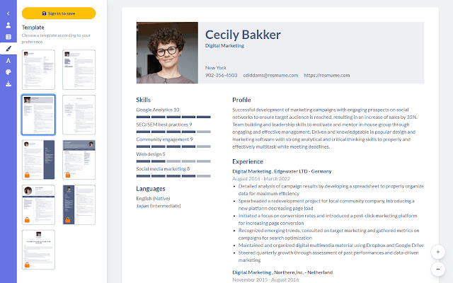 Resmume - free professional resume builder chrome谷歌浏览器插件_扩展第2张截图