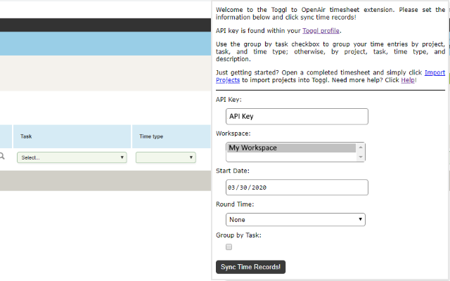 Toggl to OpenAir Timesheets chrome谷歌浏览器插件_扩展第1张截图