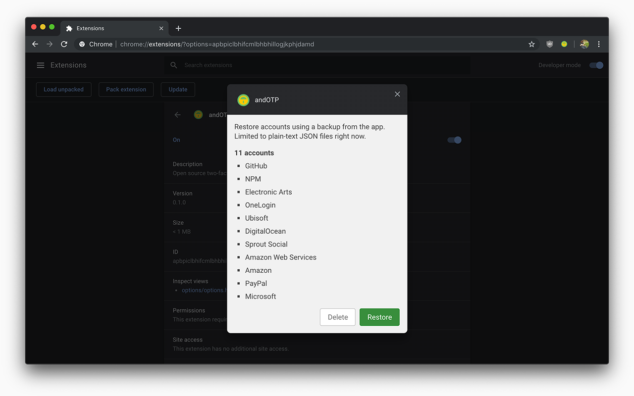 andOTP Extension chrome谷歌浏览器插件_扩展第2张截图