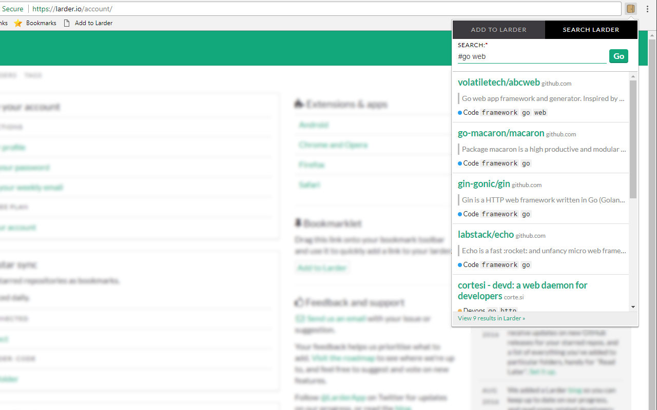 Larder: Bookmarking for developers chrome谷歌浏览器插件_扩展第1张截图