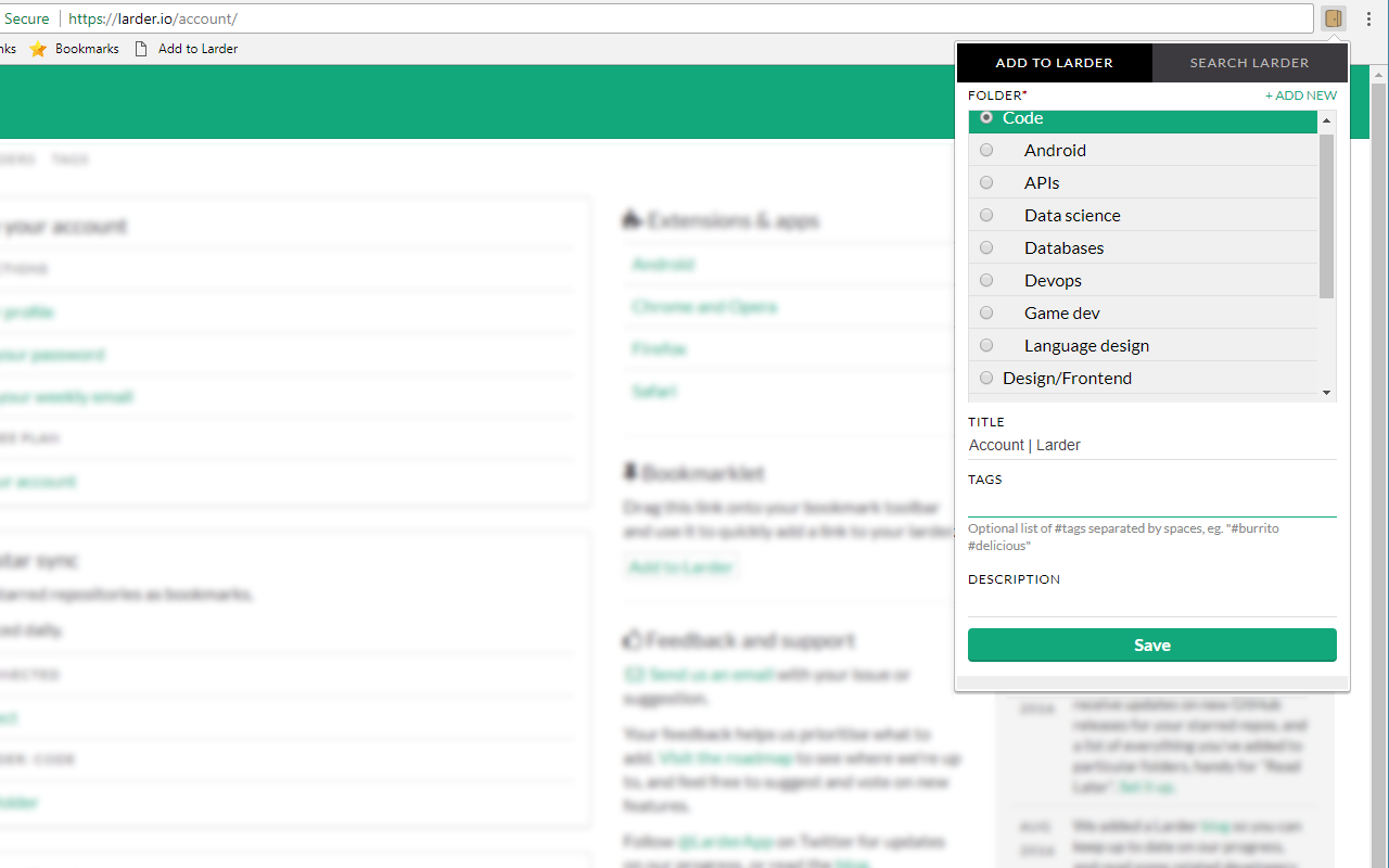 Larder: Bookmarking for developers chrome谷歌浏览器插件_扩展第2张截图