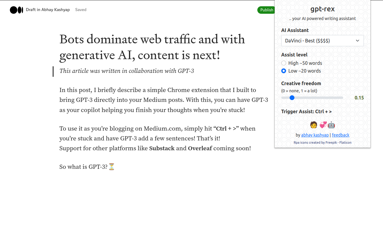 GPT-Rex - AI assist for blogging on Medium chrome谷歌浏览器插件_扩展第1张截图