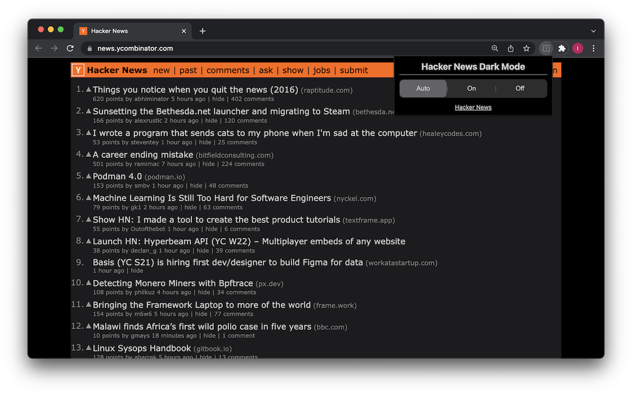 HN Dark Mode chrome谷歌浏览器插件_扩展第1张截图