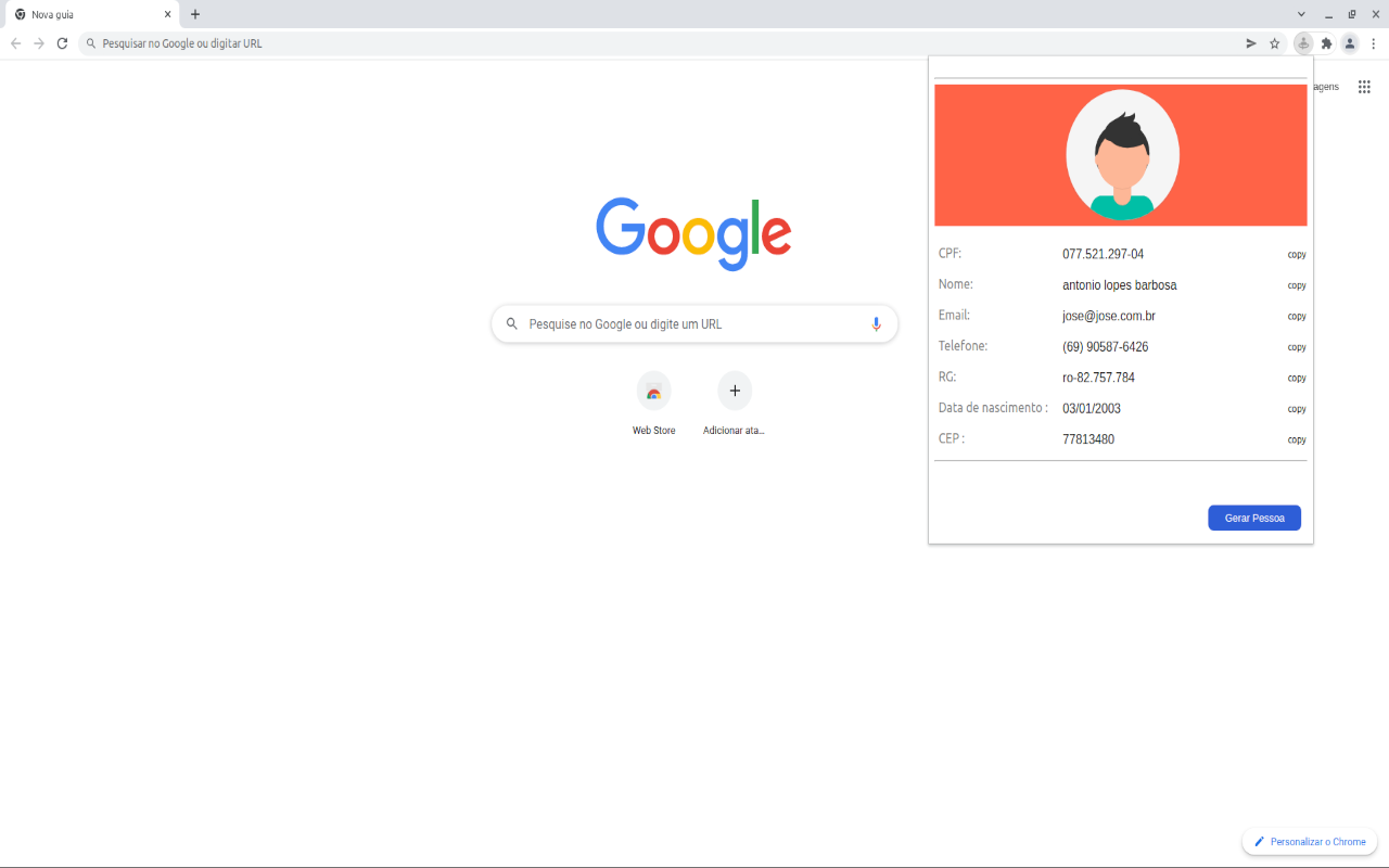Gerador de dados Pessoais Fictícios e CPF chrome谷歌浏览器插件_扩展第2张截图