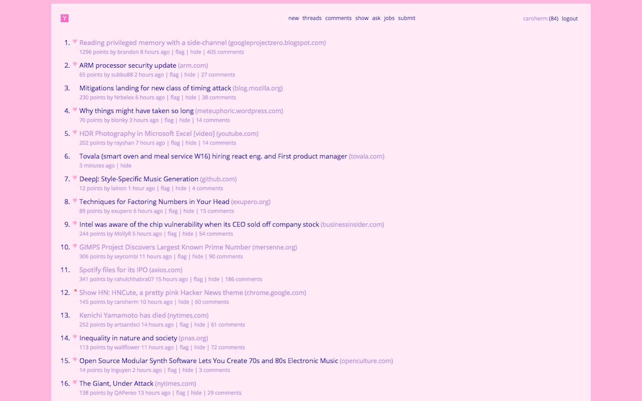 HNcute: A pretty pink Hacker News theme chrome谷歌浏览器插件_扩展第2张截图