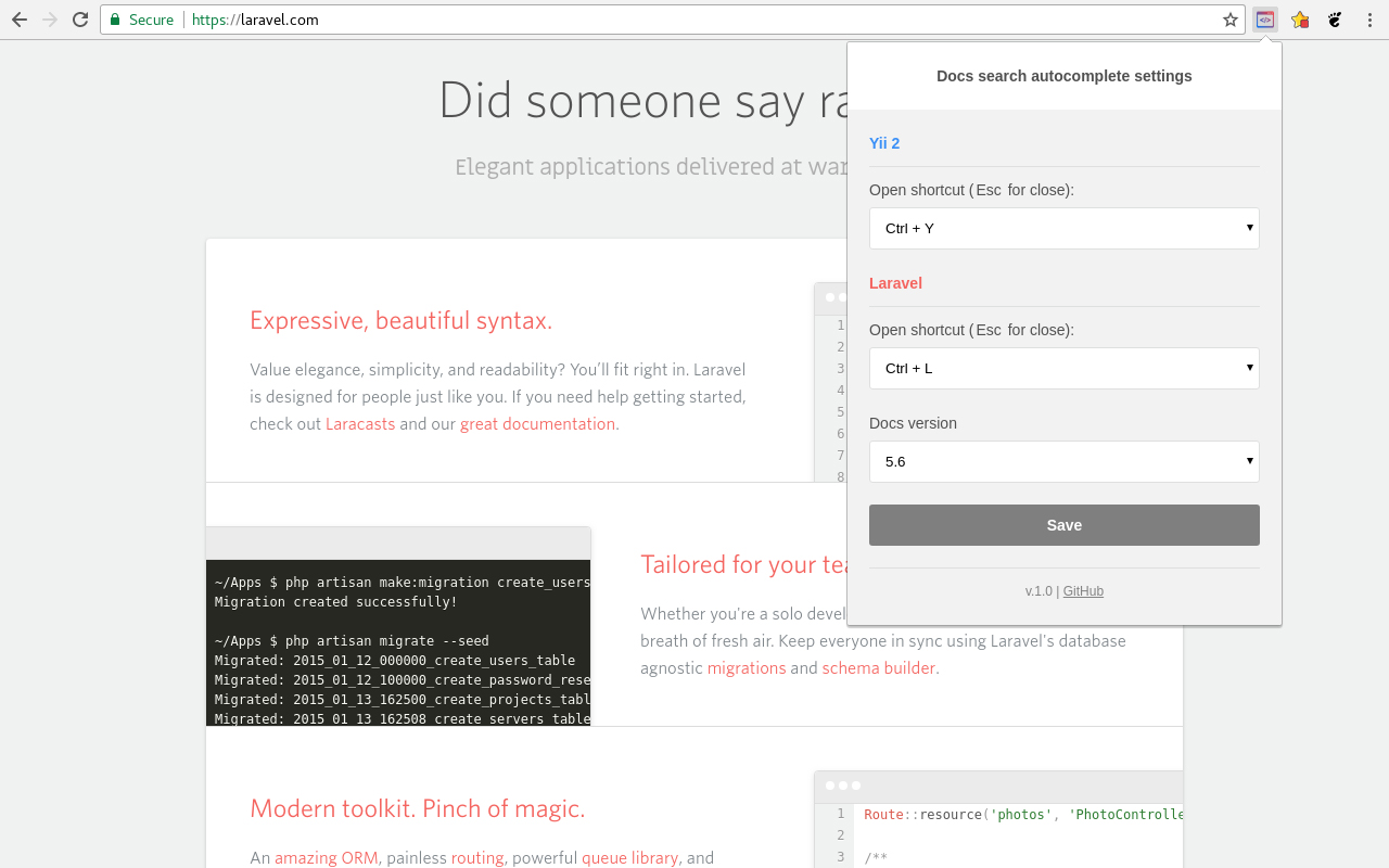 Laravel/Yii 2 Docs Search Autocomplete chrome谷歌浏览器插件_扩展第1张截图