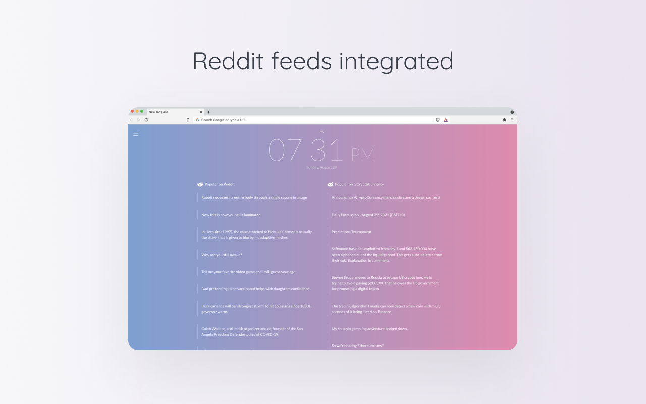 Asa - Minimal New Tab Page with Reddit feeds chrome谷歌浏览器插件_扩展第4张截图