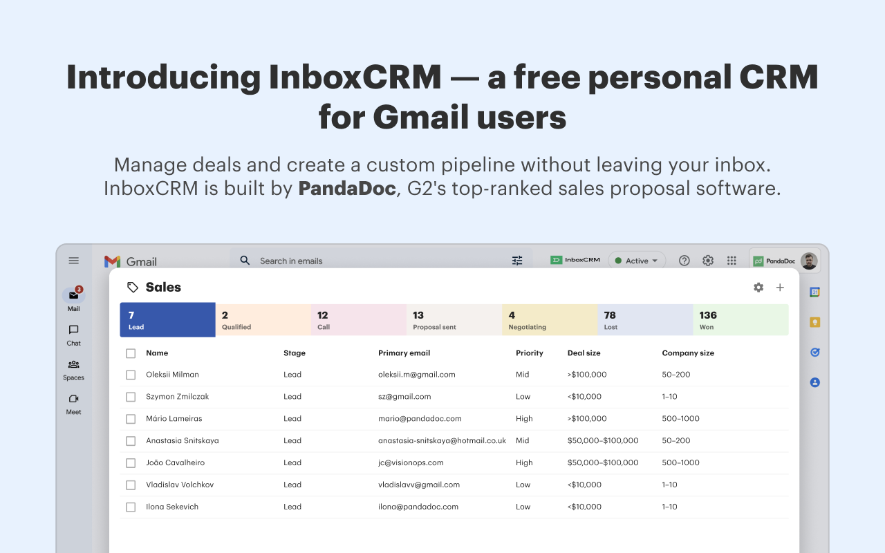 InboxCRM - Personal CRM for Gmail by PandaDoc chrome谷歌浏览器插件_扩展第1张截图