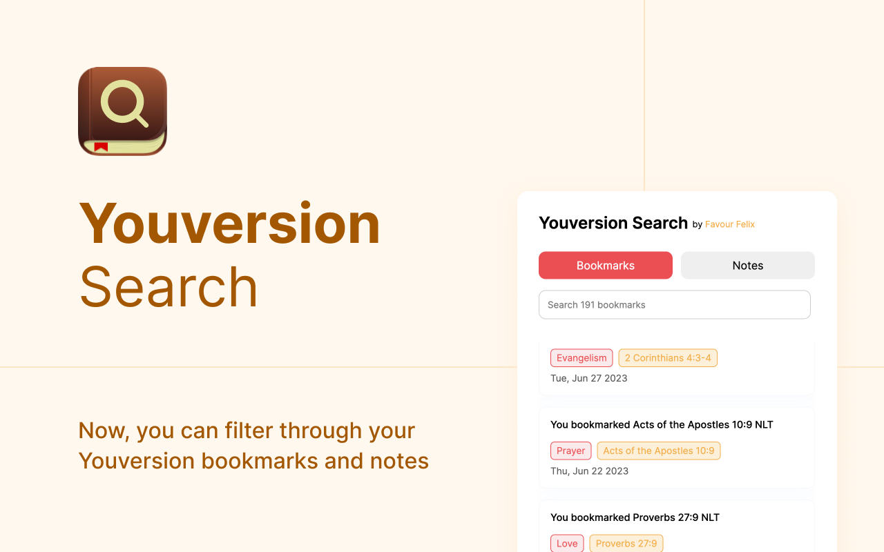 Youversion Search - Filter notes & bookmarks chrome谷歌浏览器插件_扩展第1张截图