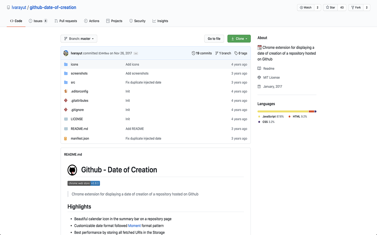 Github - Date of creation chrome谷歌浏览器插件_扩展第2张截图