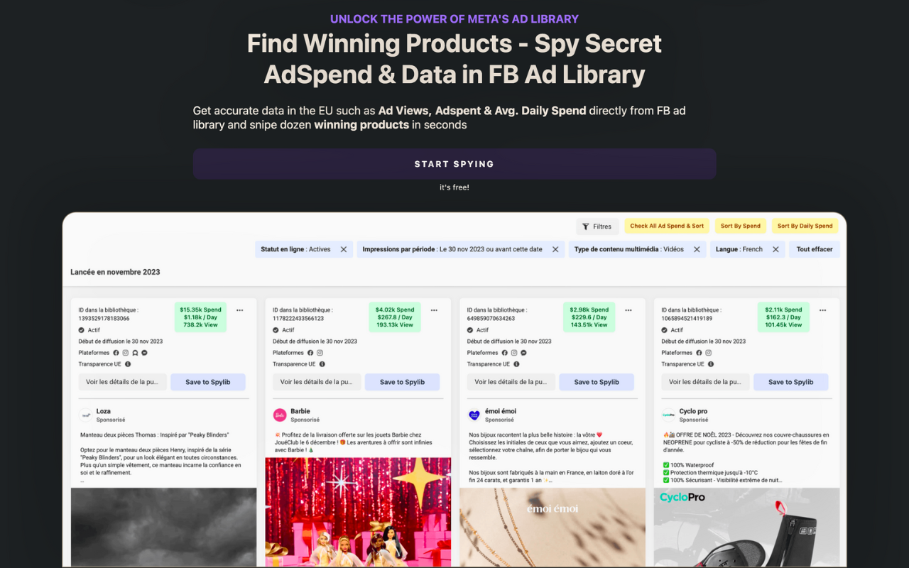 Spylib - Spy FB Ad Library Ad Data chrome谷歌浏览器插件_扩展第2张截图