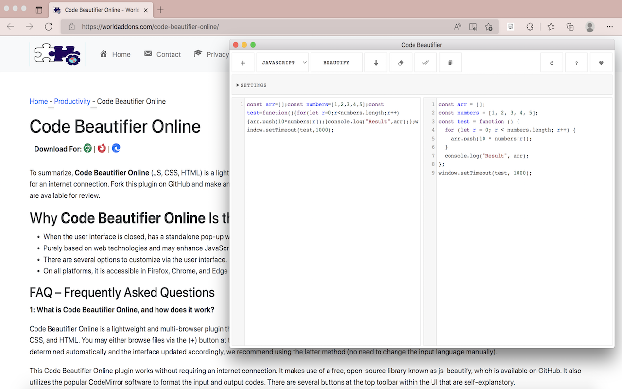 Code Beautifier Online chrome谷歌浏览器插件_扩展第1张截图