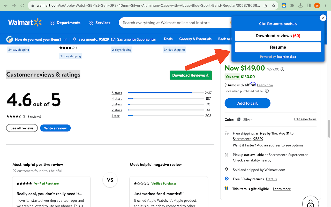 Walmart商品评论一键导出CSV chrome谷歌浏览器插件_扩展第1张截图