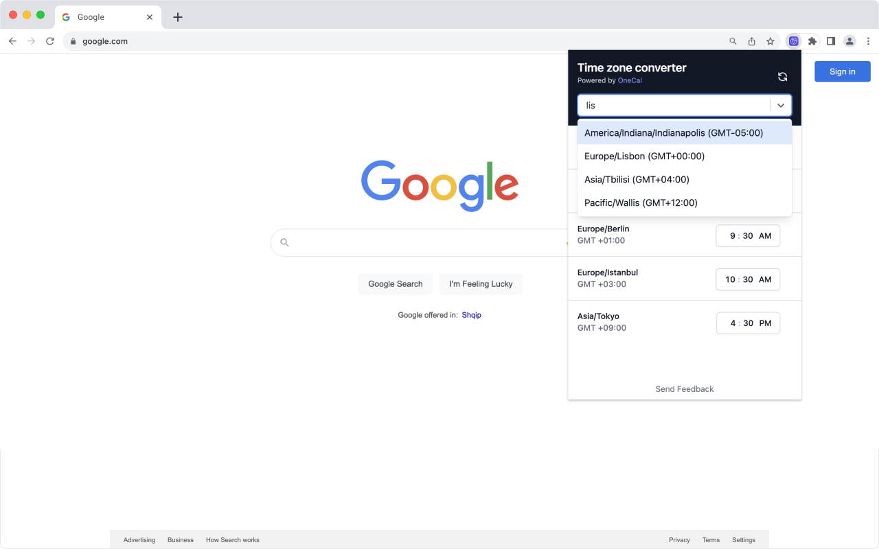 Time Zone Converter by OneCal chrome谷歌浏览器插件_扩展第2张截图