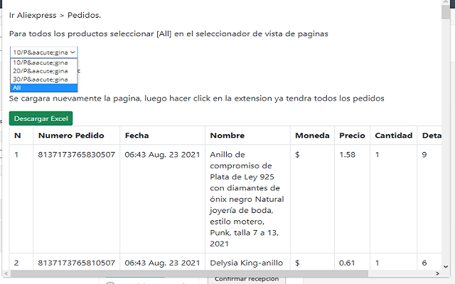 AliExpress Pedidos a Excel chrome谷歌浏览器插件_扩展第1张截图