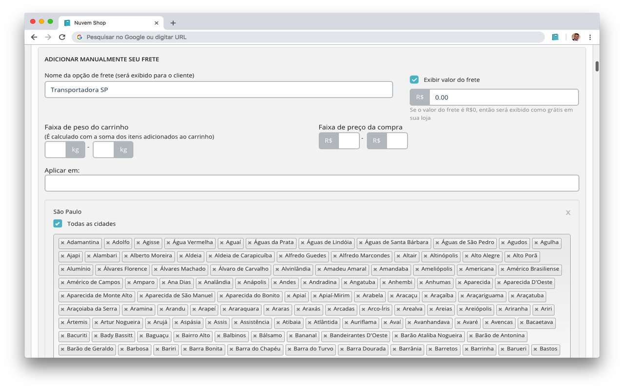 Nuvem Shop - Frete manual por cidades chrome谷歌浏览器插件_扩展第1张截图