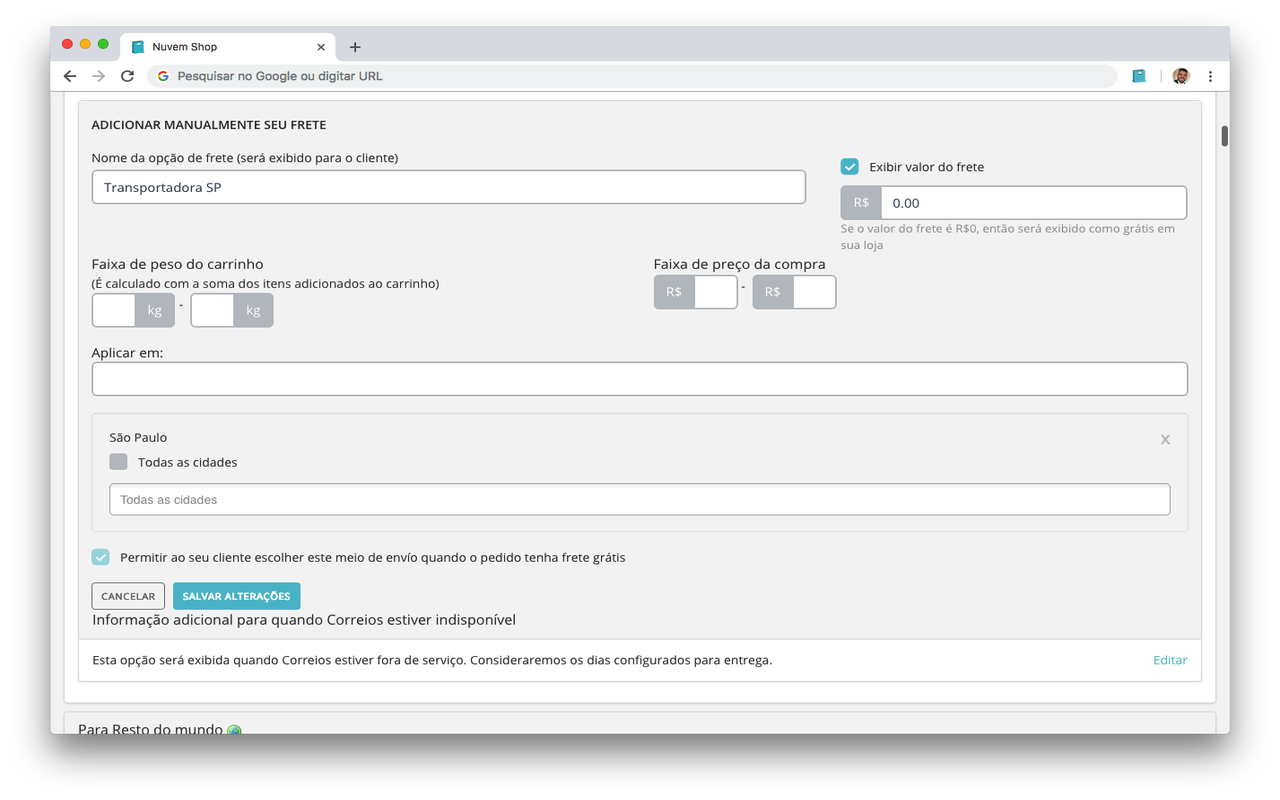 Nuvem Shop - Frete manual por cidades chrome谷歌浏览器插件_扩展第2张截图
