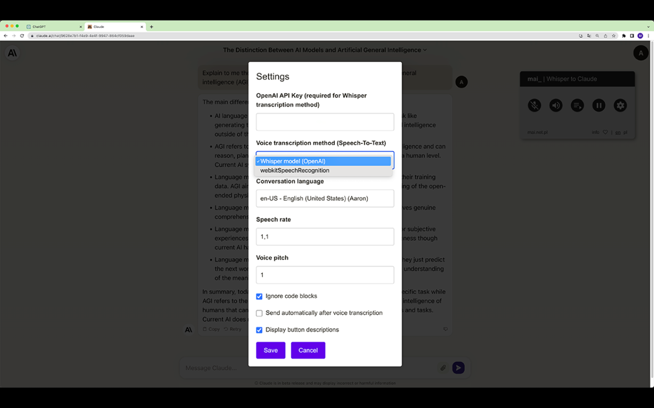 mai_ | Whisper to ChatGPT and Claude.ai chrome谷歌浏览器插件_扩展第3张截图