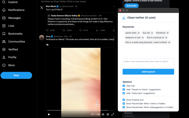 Clean Twitter/X.com (Hide Tweets,Ads,etc) chrome谷歌浏览器插件_扩展第2张截图