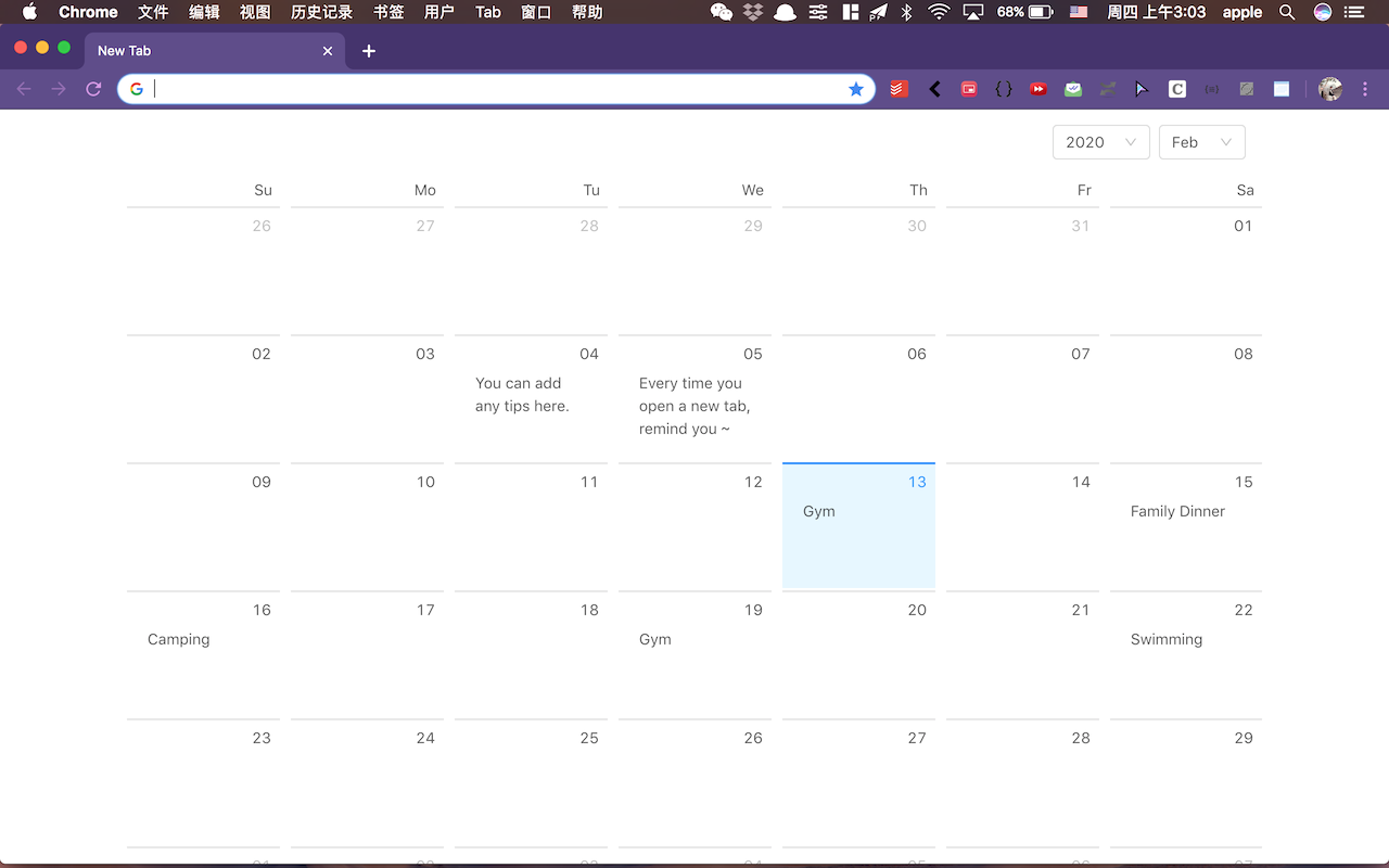 New Tab Calendar chrome谷歌浏览器插件_扩展第1张截图