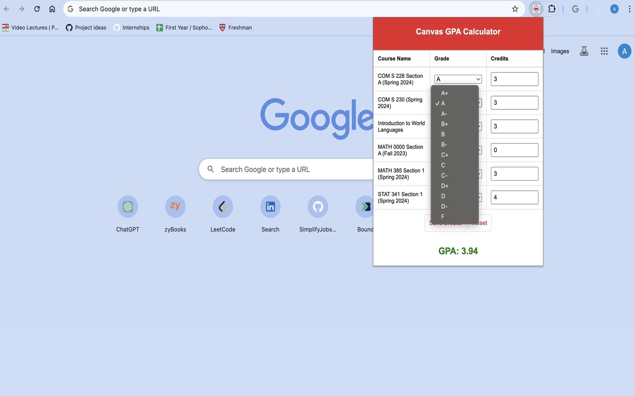 Canvas GPA Calculator chrome谷歌浏览器插件_扩展第1张截图
