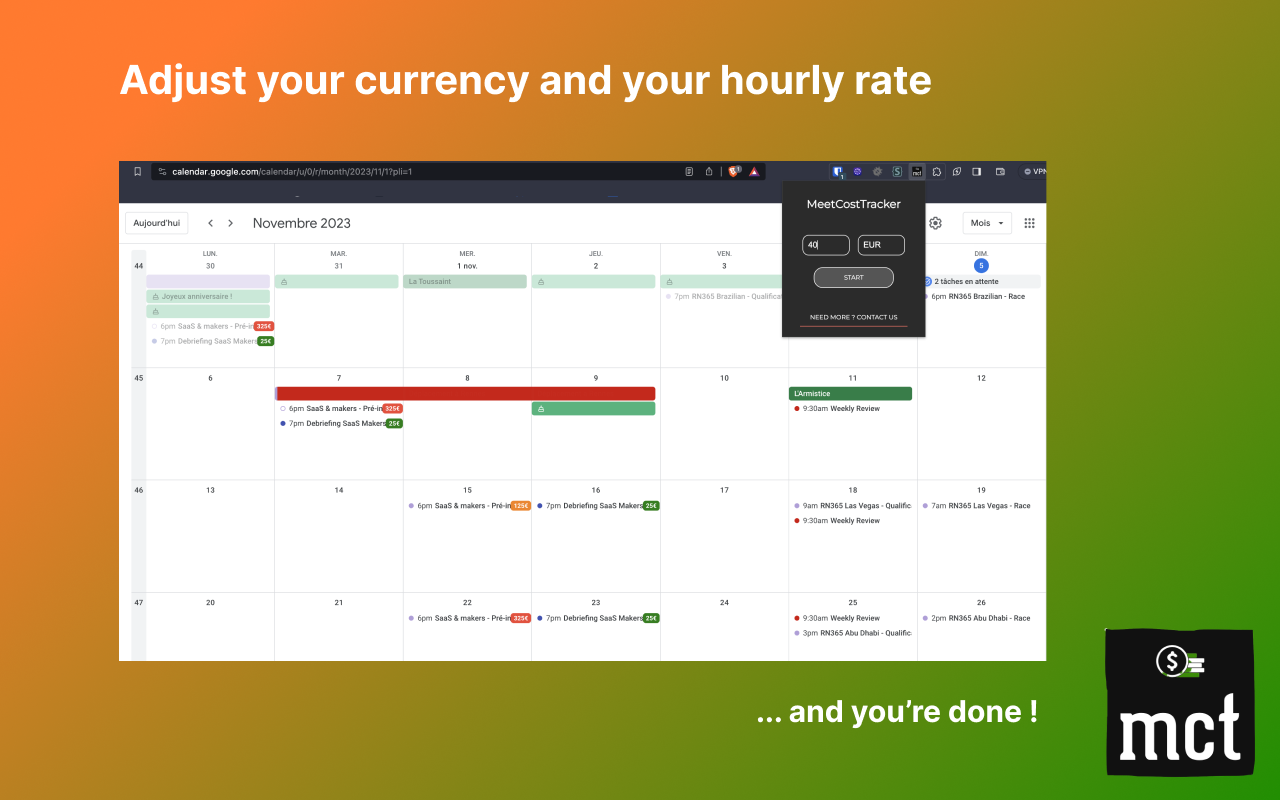 Meet Cost Tracker, a calculator for GCalendar chrome谷歌浏览器插件_扩展第2张截图