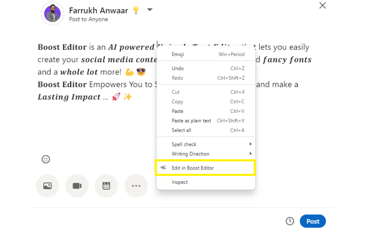 Boost Editor -Right Click in SM Post Text Box chrome谷歌浏览器插件_扩展第1张截图
