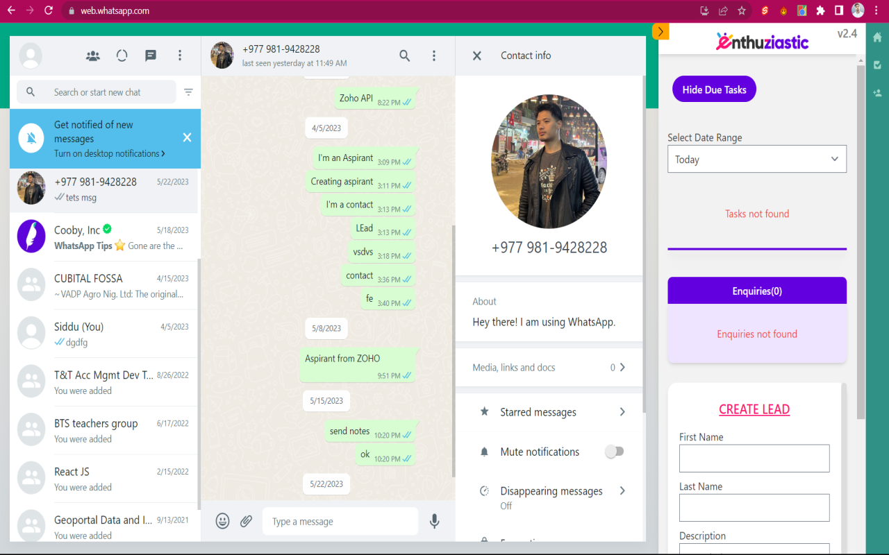Enthu Whatsapp ZOHO CRM chrome谷歌浏览器插件_扩展第1张截图