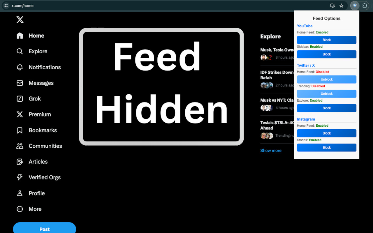 Block and Hide Feeds - YouTube, Instagram, Twitter (X) chrome谷歌浏览器插件_扩展第2张截图