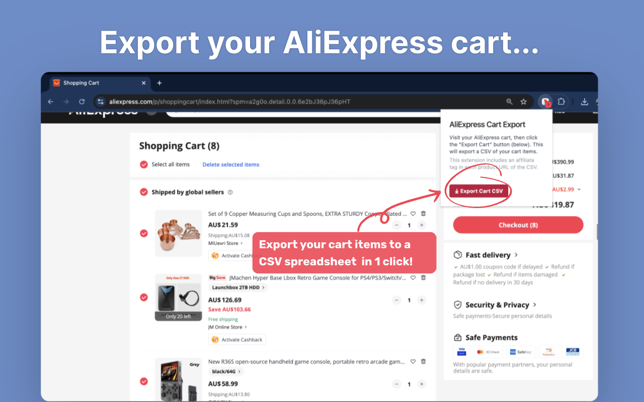 Ali Cart Export: Export your AliExpress cart to CSV chrome谷歌浏览器插件_扩展第1张截图