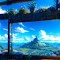 An anime-style view of a stunning natural landscape from inside a house