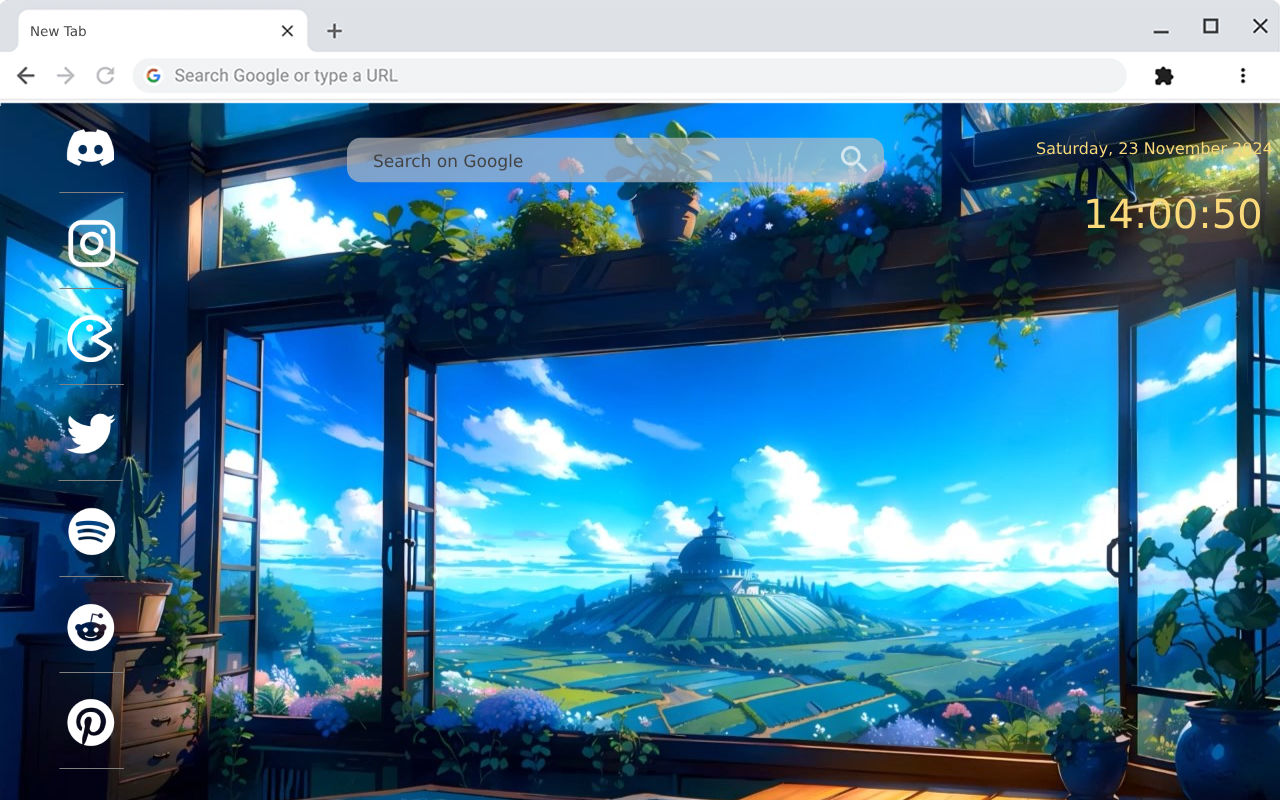 An anime-style view of a stunning natural landscape from inside a house chrome谷歌浏览器插件_扩展第1张截图