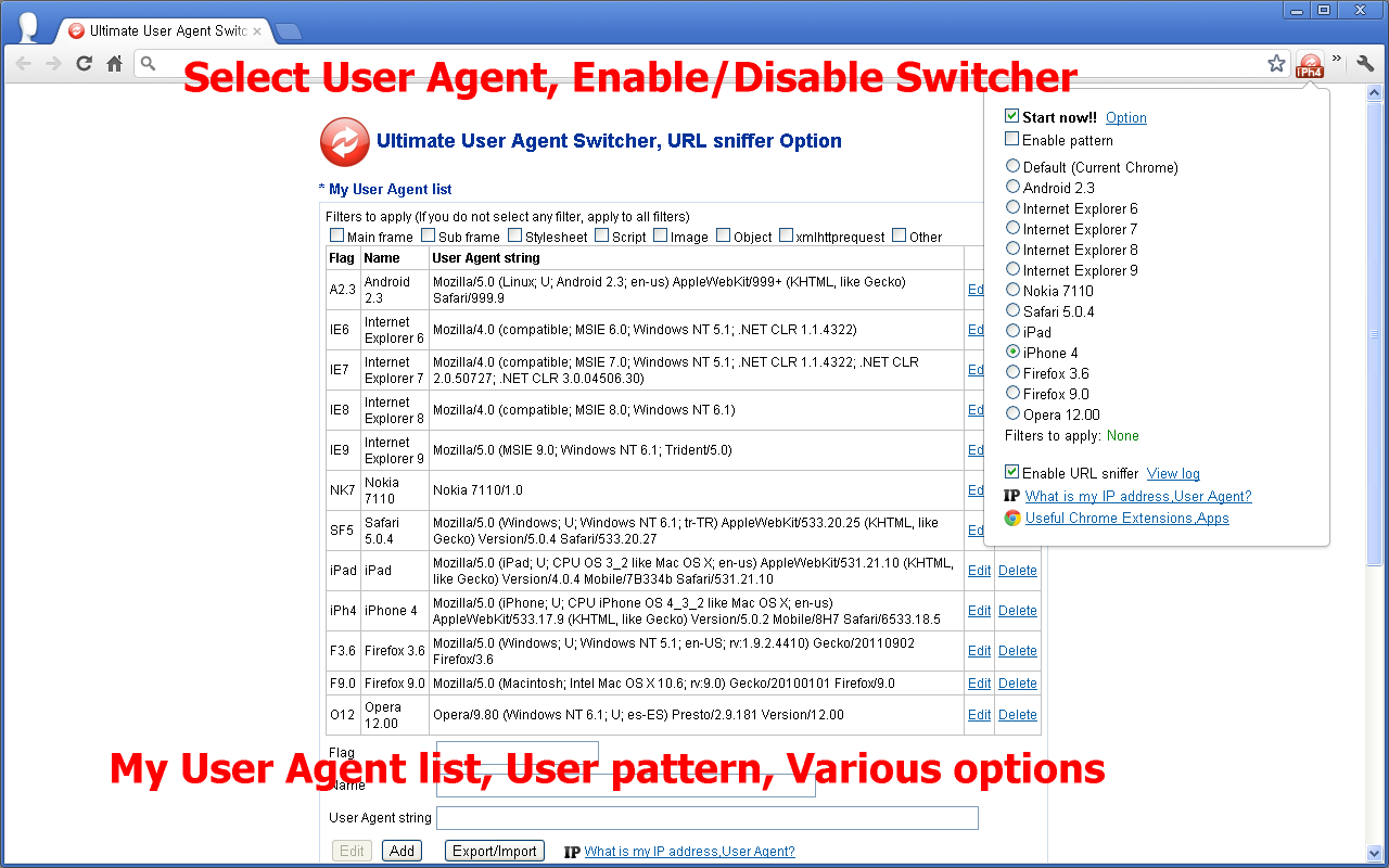 User Agent Switcher, URL sniffer chrome谷歌浏览器插件_扩展第1张截图