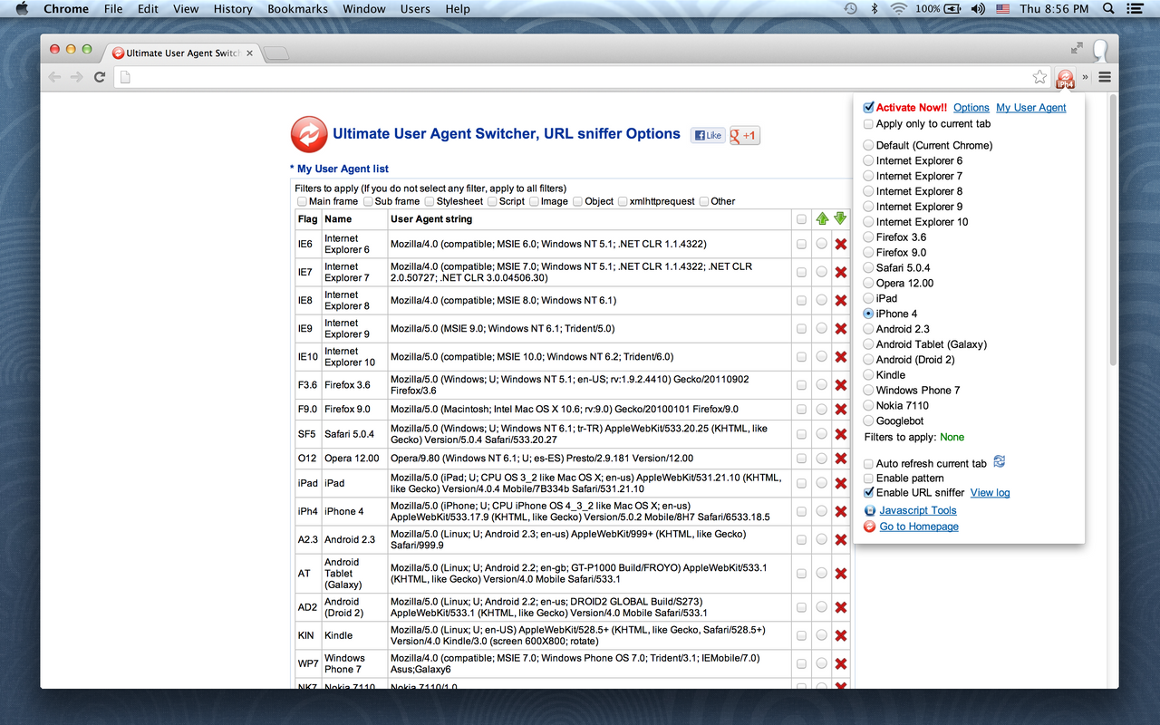 User Agent Switcher, URL sniffer chrome谷歌浏览器插件_扩展第2张截图