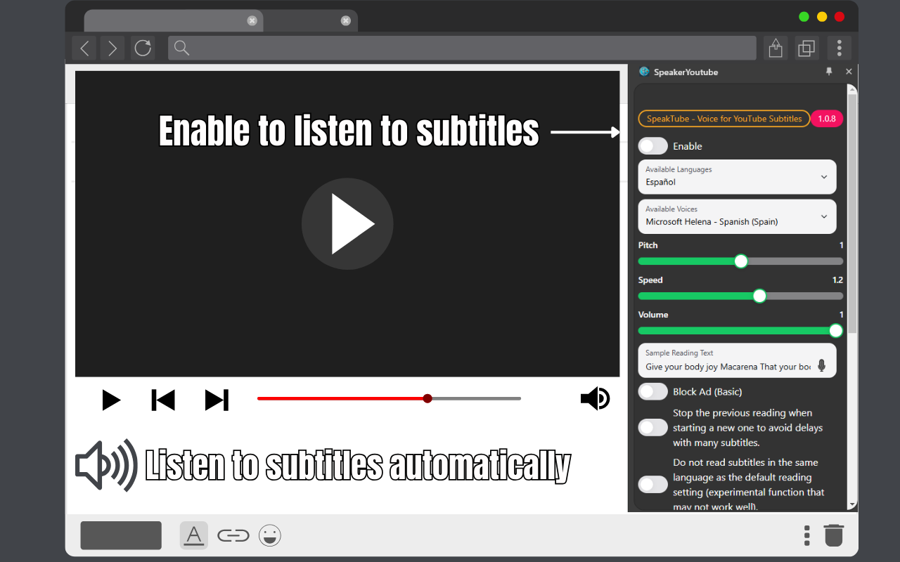 Text to Voice on YouTube - Listen to subtitles in multiple languages chrome谷歌浏览器插件_扩展第2张截图