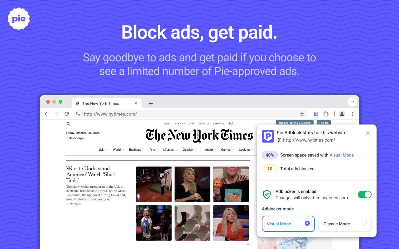 Pie Adblock - The Ad Blocker That Pays You chrome谷歌浏览器插件_扩展第1张截图