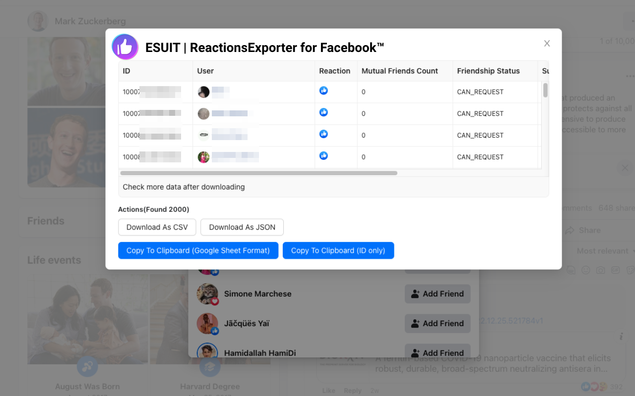 ESUIT | Reactions Exporter for Facebook™ chrome谷歌浏览器插件_扩展第1张截图