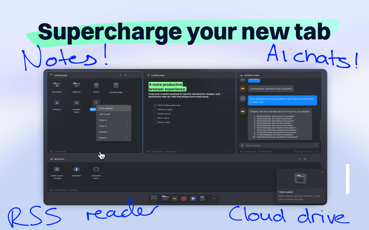 tabOS - Tab management, ChatGPT 4o, Docs/Images, RSS/YouTube/Reddit feeds chrome谷歌浏览器插件_扩展第1张截图