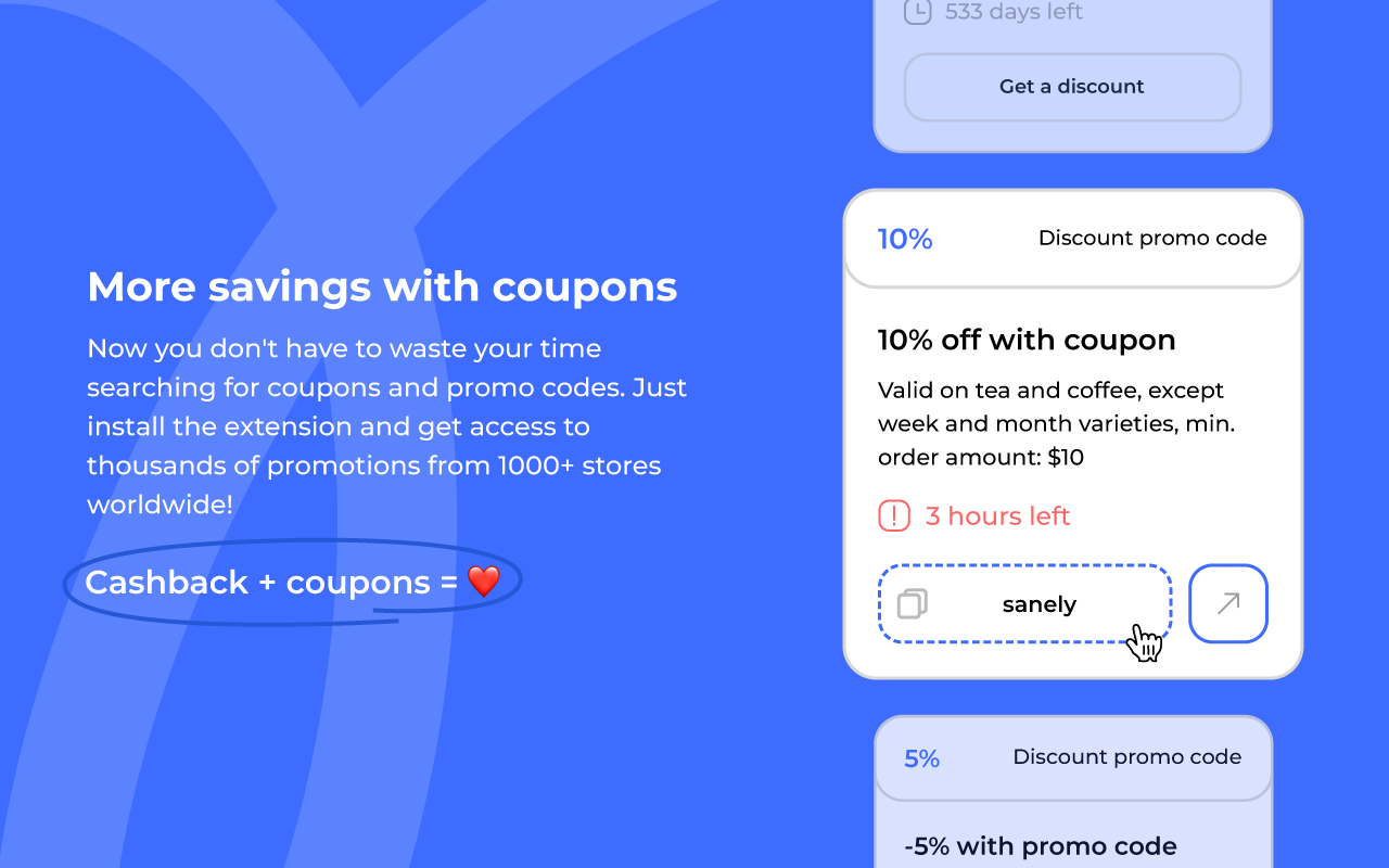 Sanely: cashback, coupons, promo codes, discounts chrome谷歌浏览器插件_扩展第2张截图