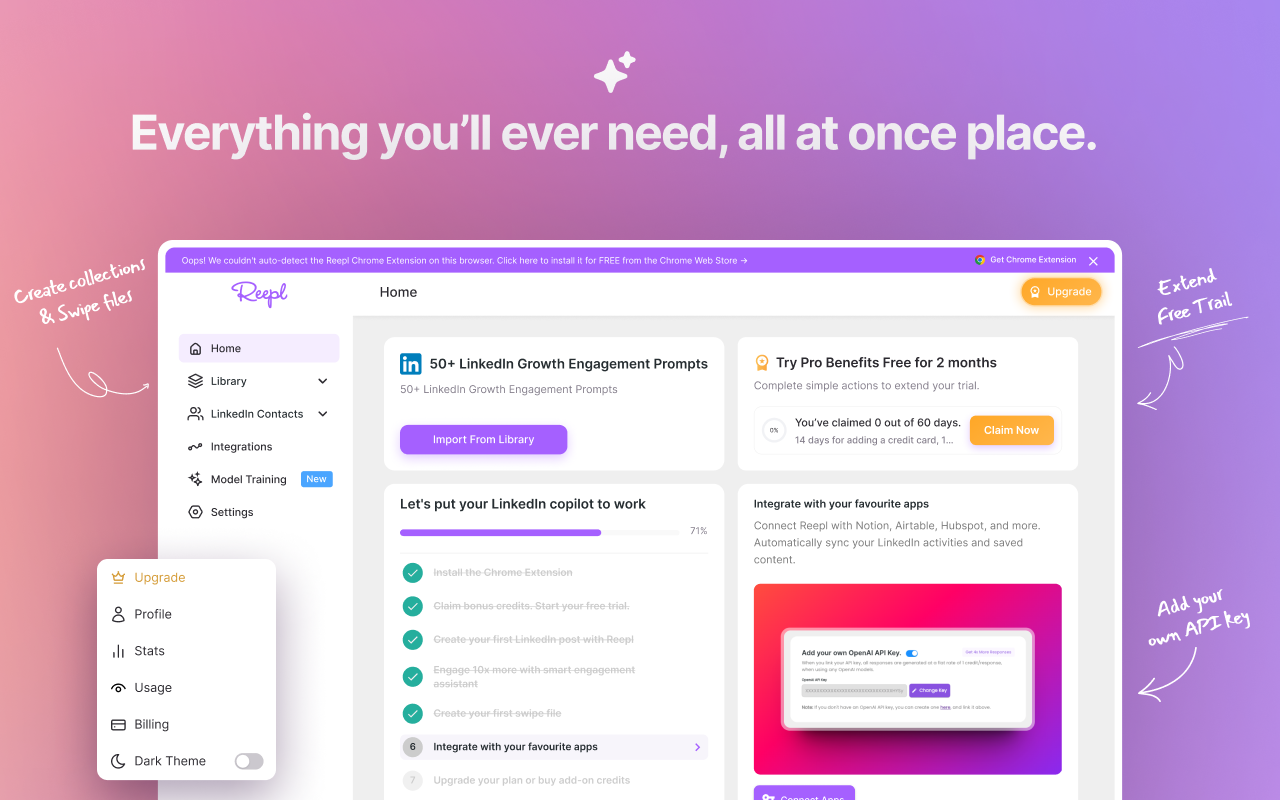 Reepl AI LinkedIn Post Writer, Lead Finder, CRM, Auto DMs, Streaks & More chrome谷歌浏览器插件_扩展第2张截图