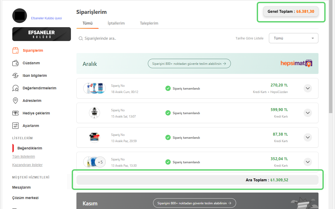 Hepsiburada.com Tüm Siparişler Toplamı chrome谷歌浏览器插件_扩展第1张截图