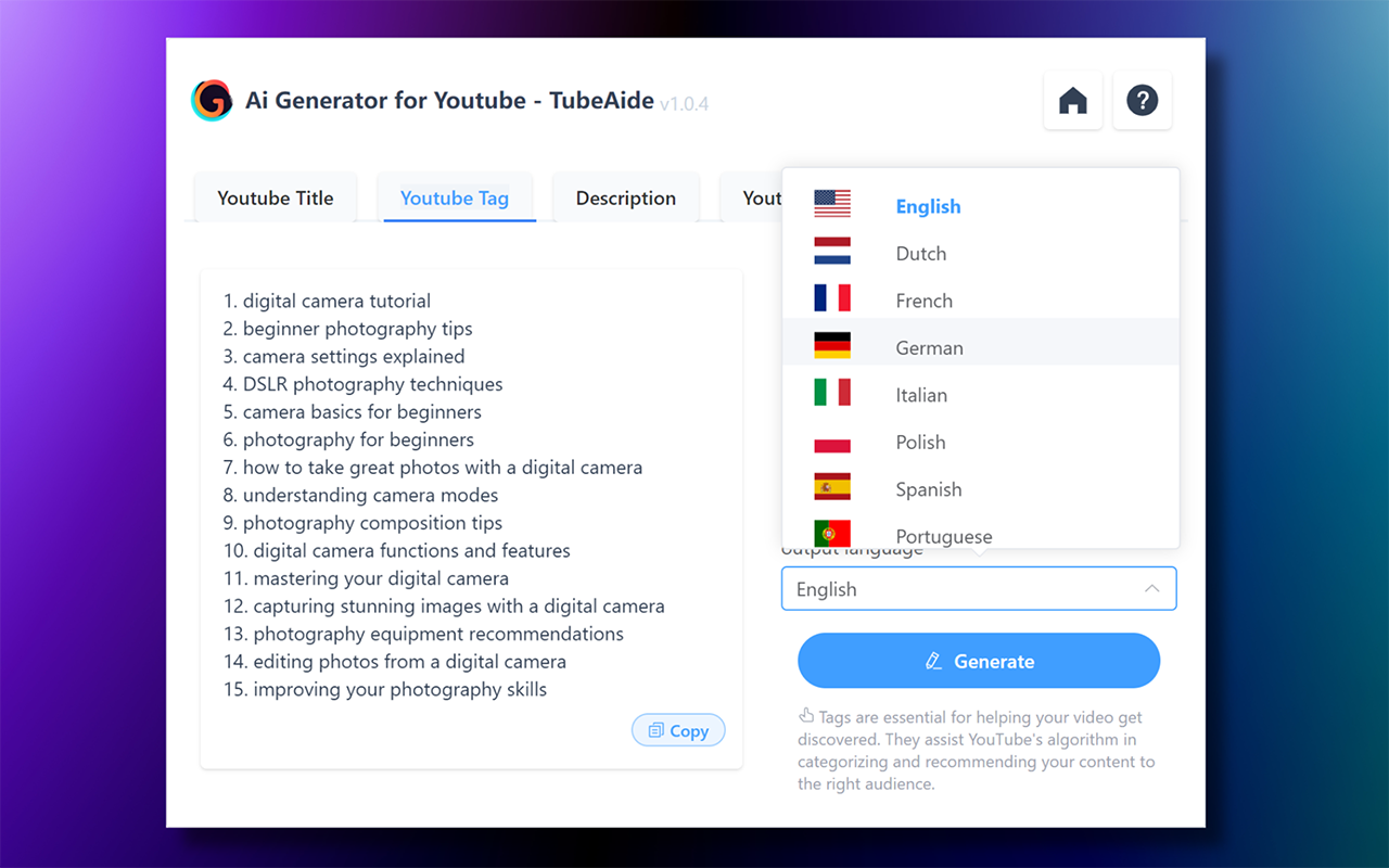 Free AI Tag Generator for Youtube - TubeAide chrome谷歌浏览器插件_扩展第2张截图